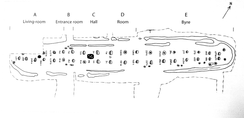 Plan of the foundations Borg I, the Chieftain's Longhouse; showing walls, postholes and charcoal remains in the Living (Room A) and what's now called the Feast Hall (Room C). 